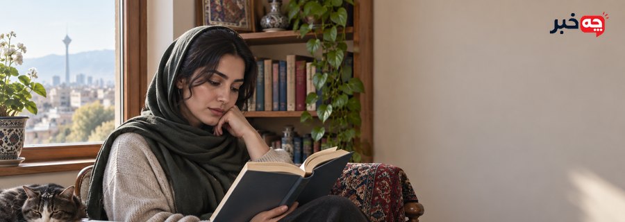 خواننده ایرانی کنار مجموعهای از رمانها و نشانکها