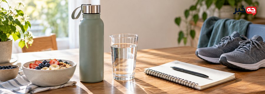 بطری و لیوان آب کنار صبحانه، دفتر و کفش پیاده‌روی