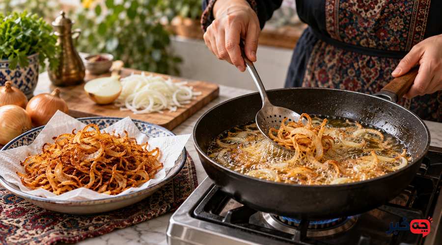 روش سرخ کردن پیاز داغ بدون تلخی