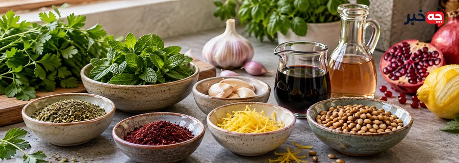 سبزیها، ادویهها، سیر، لیمو و چاشنیهای کمنمک