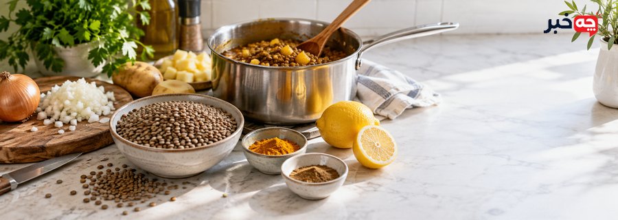 عدس، پیاز، سیبزمینی و ادویههای عدسی کنار قابلمه