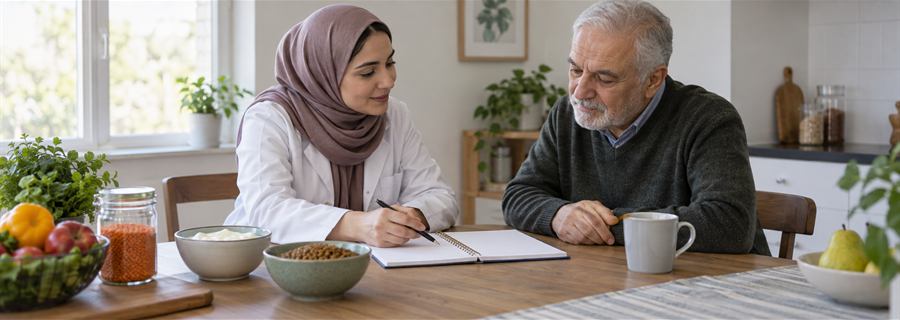 کارشناس تغذیه و فرد سالمند در حال بررسی خوراک روزانه و دریافت پروتئین