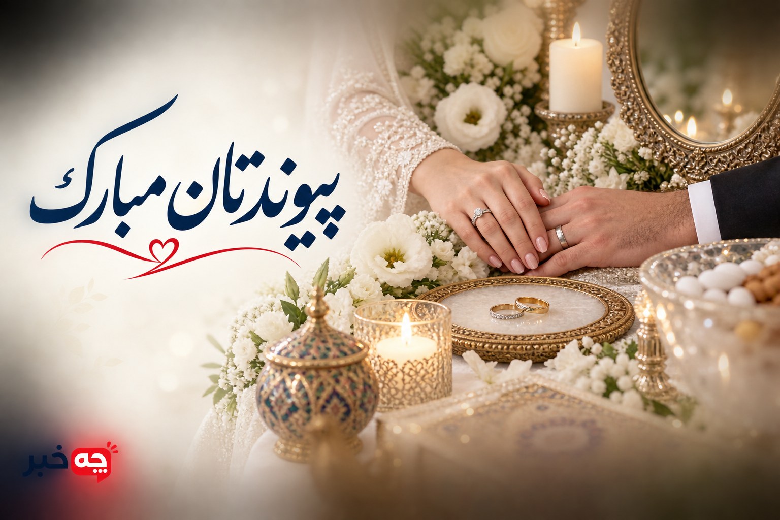 عکس سفره عقد و حلقه با نوشته پیوندتان مبارک و لوگوی چه خبر