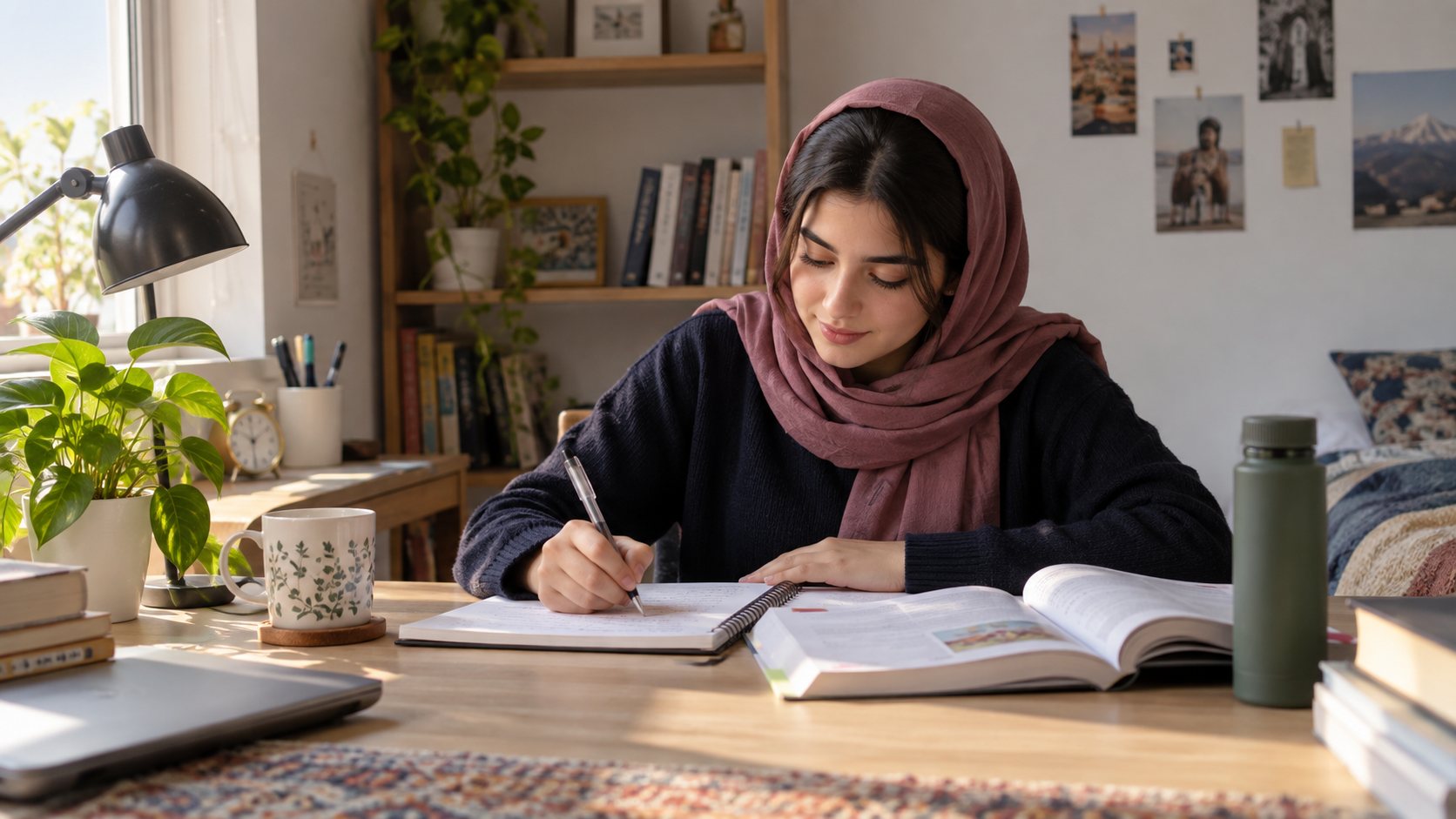 دانش‌آموزی در حال آغاز مطالعه با کتاب و دفتر روی میز