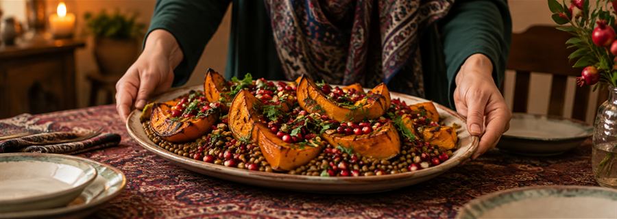 غذای گیاهی کدو و حبوبات با انار روی میز یلدا