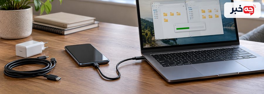 گوشی وصل‌شده به لپ‌تاپ برای آزمایش انتقال فایل با کابل USB