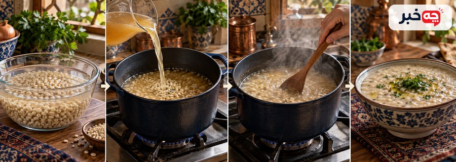 مراحل آمادهسازی جو، افزودن مایع، پخت ملایم و تنظیم غلظت سوپ