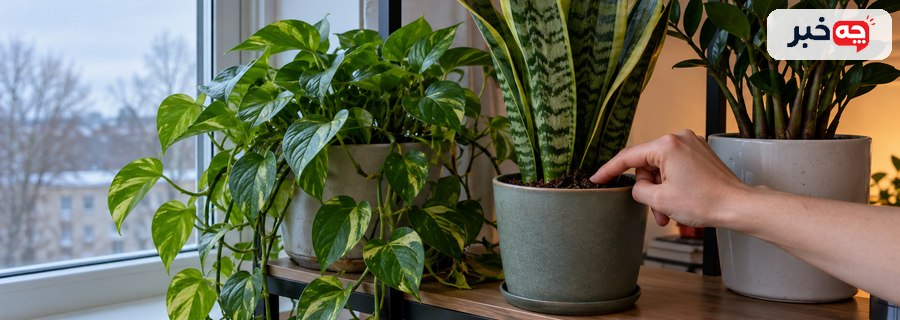 بررسی جای گلدان و رطوبت خاک گیاهان آپارتمانی کم‌نور
