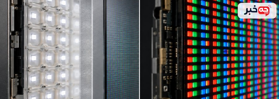 نمای نزدیک ساختار نور پس‌زمینه Mini-LED و پیکسل‌های OLED