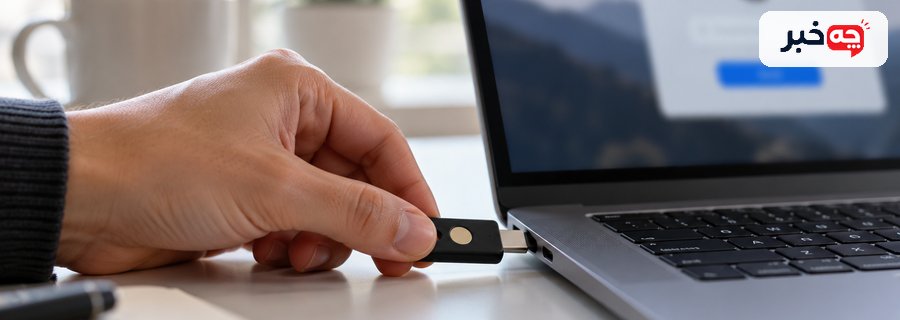 قرار دادن کلید امنیتی USB-C در درگاه لپ‌تاپ