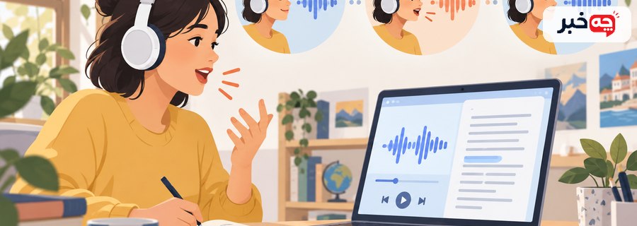 نمای مراحل گوش دادن، تکرار هم‌زمان، ضبط و بازبینی در تمرین Shadowing