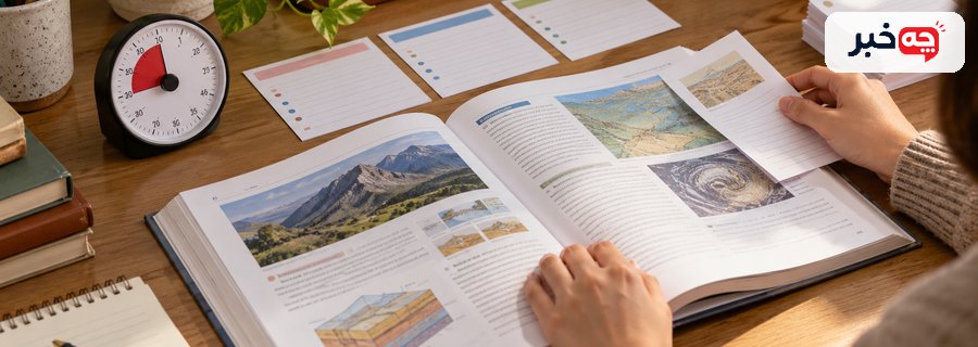 کتاب باز و زمان‌سنج کنار کارت‌های جلسه مطالعه