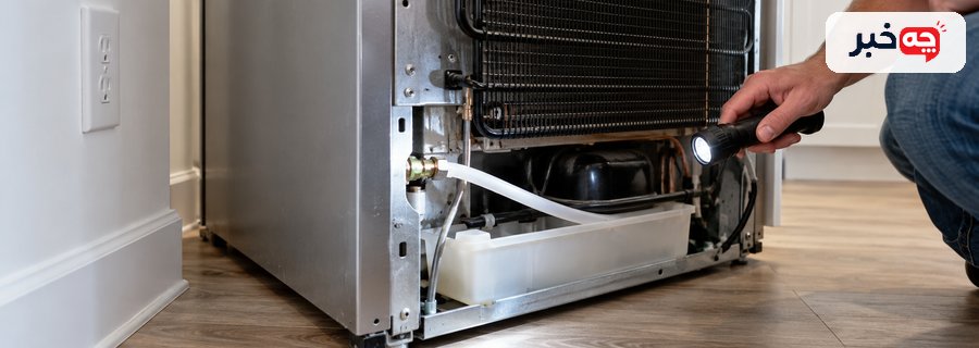 بررسی سینی و شلنگ آب یخچال در آشپزخانه