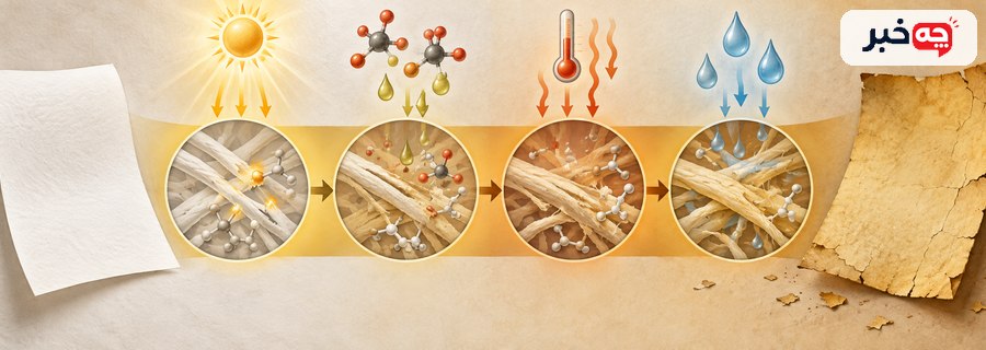 نمای ساده تغییر الیاف سلولز و لیگنین زیر اثر نور، اسید و رطوبت